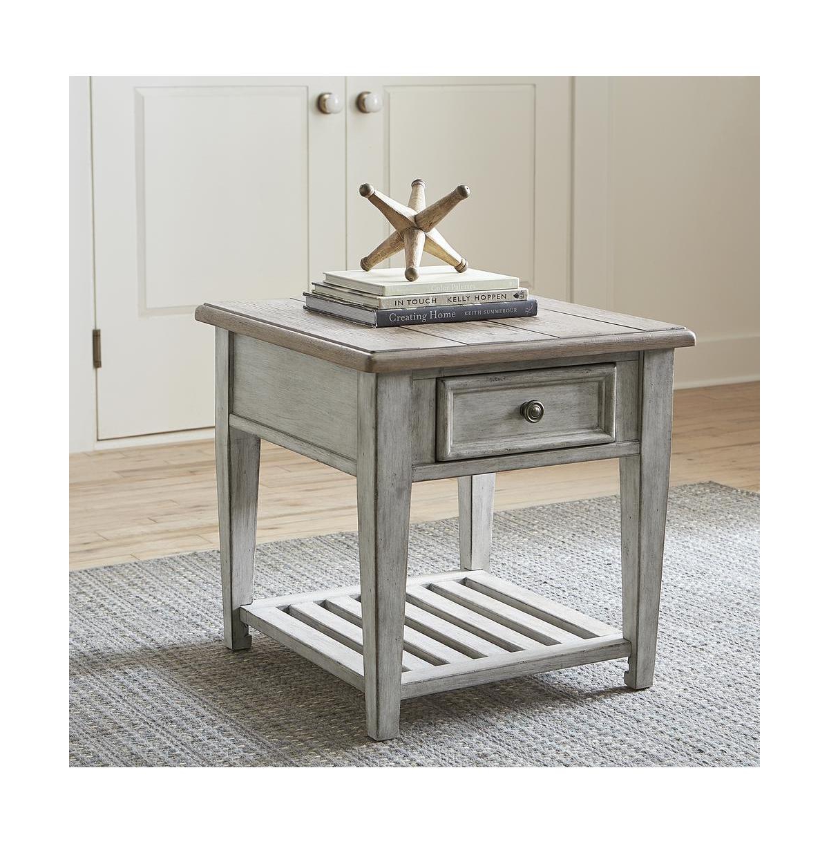 Liberty Furniture Heartland Drawer End Table in Antique White w/ Tobacco Top