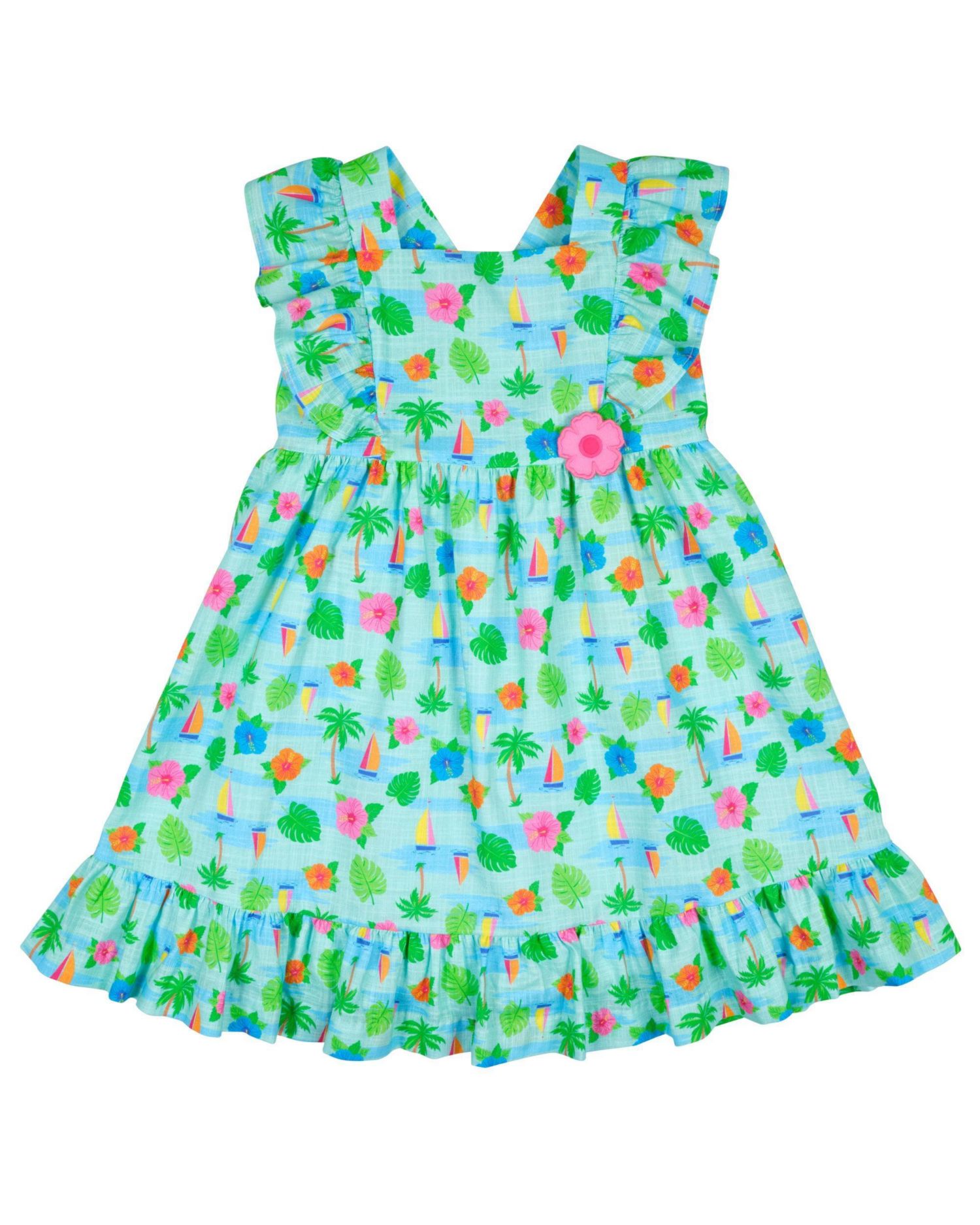 Big Girls Printed Linen Look Dress With Flower