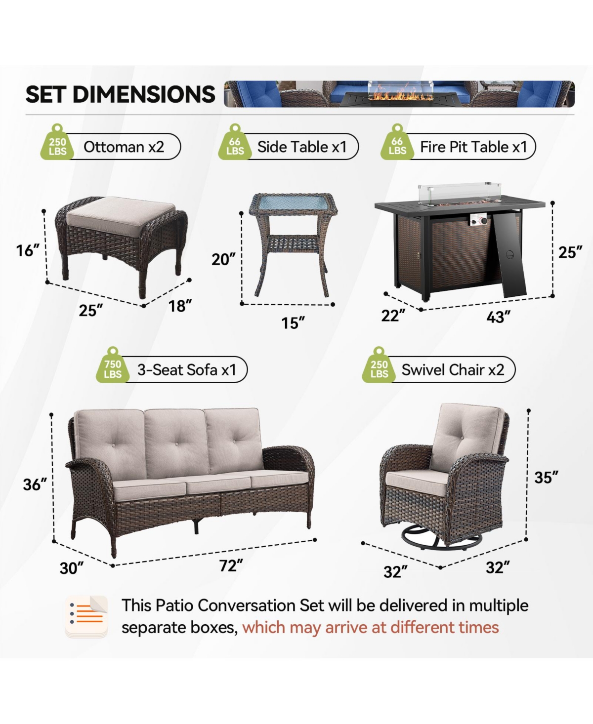 Gymojoy 7-Piece Wicker Fire Pit Conversation Set with Olefin Cushions and Patio Swivel Chairs