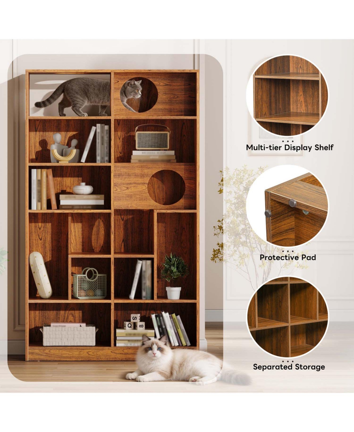 Aostirmotor Modern 2-in-1 Bookshelf Cat House: Litter Box Enclosure & Climbing Tree with Storage
