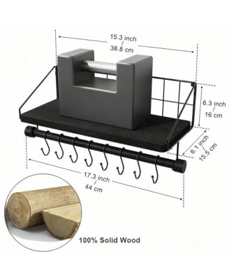 Wooden floating shelf with towel rack and hooks for coffee bar/kitchen/bathroom