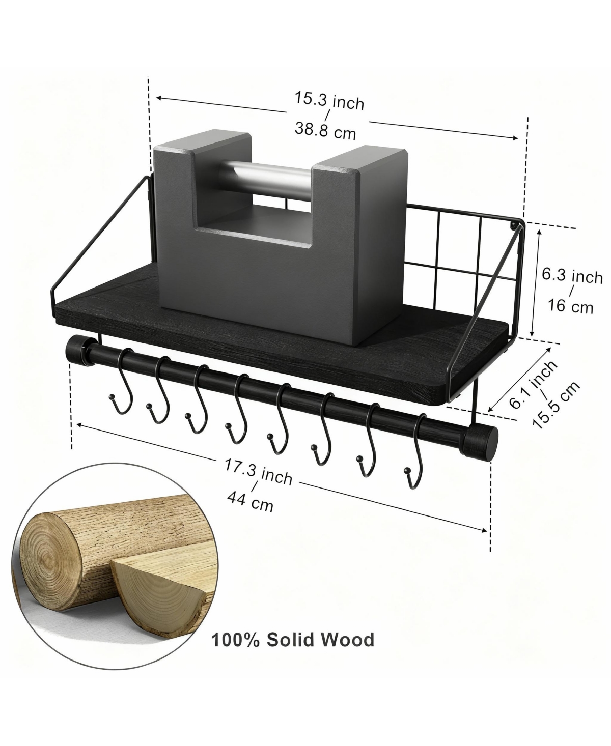 Yigii Wooden floating shelf with towel rack and hooks for coffee bar/kitchen/bathroom