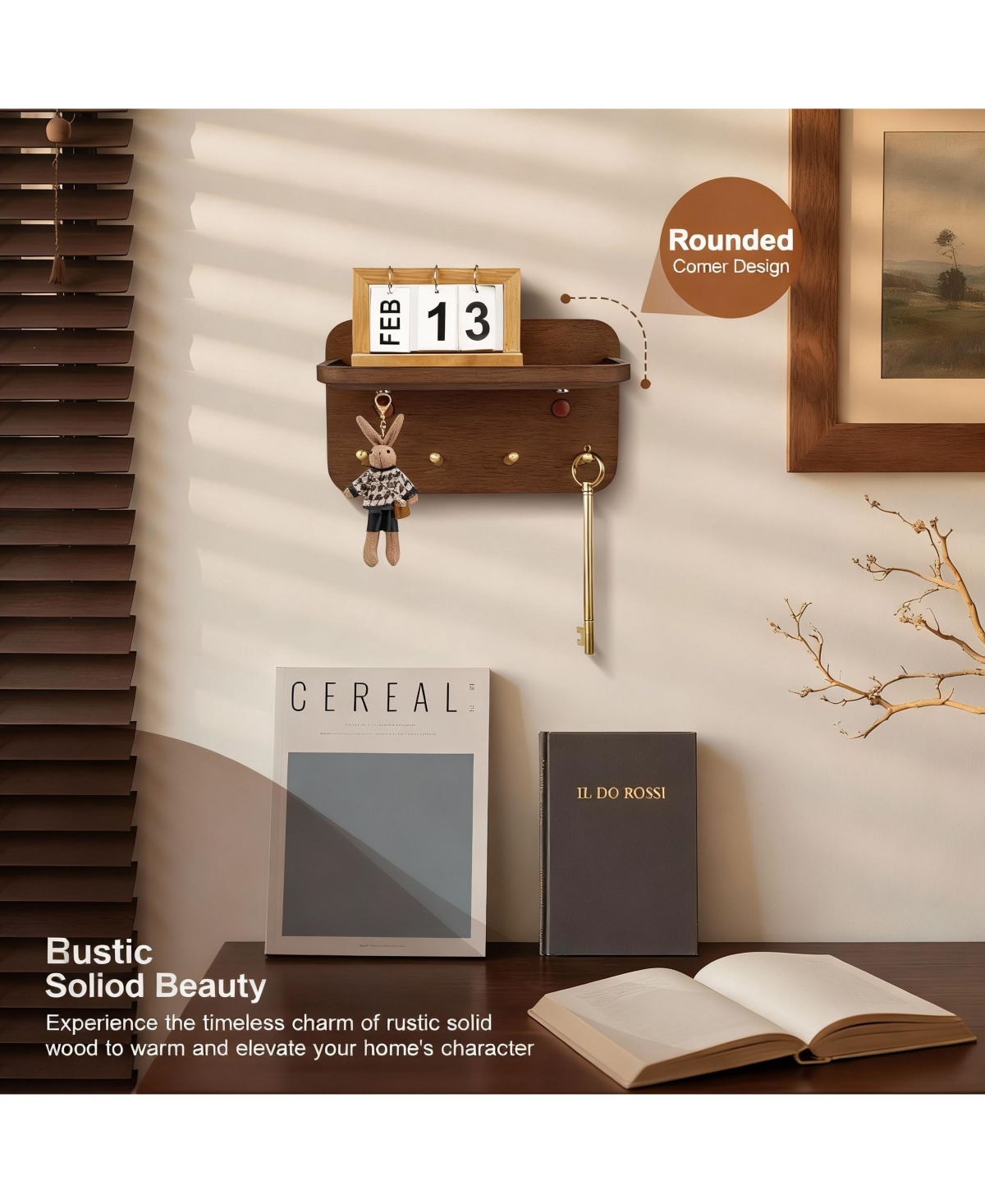 Yigii Solid Wood Key Holder with 4 Brass Hooks, Anti-Slip Groove, and 15° Incline