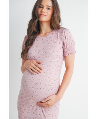 Maternity Floral Ribbed Mini Dress with Short Puff Sleeves