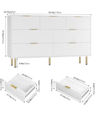 7 Drawer Dresser, 55" Wide Fluted Dresser with Drawers, Modern Wooden Double Dressers with Metal Handles for Living