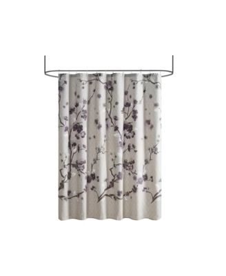 Cotton Shower Curtain with Purple Grey Beige Floral Blossom Pattern