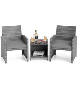 3 PCS Patio Furniture Set with Tempered Glass Coffee Table & Soft Seat Cushions