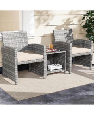 3 PCS Patio Furniture Set with Tempered Glass Coffee Table & Soft Seat Cushions