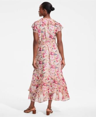 Women's Chiffon Flutter Sleeve V-Neck Wrap Maxi Dress