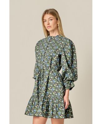 Women's Floral Print Pintuck Smock Mini Dress