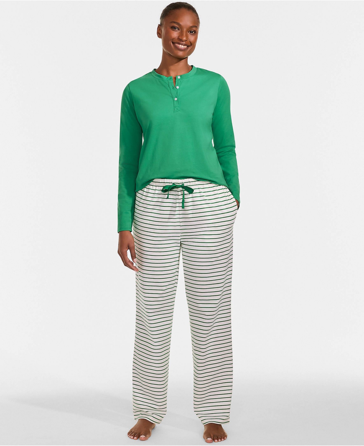 Lands' End Women's Knit 2 Piece Pajama Set - Long Sleeve Top and Pants - Ivory/clover simple stripe