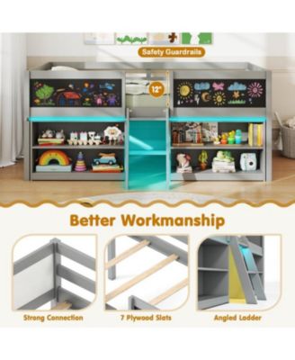Kids Low Loft Bed with Bookcases and LED Cabin Design