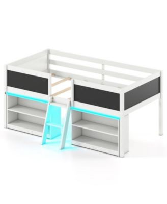 Kids Low Loft Bed with Bookcases and LED Cabin Design