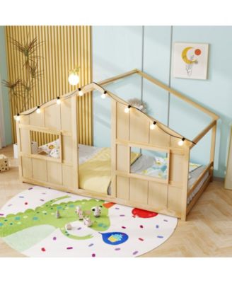 Kids Twin Floor Bed, House-Shaped Design with LED Lighting