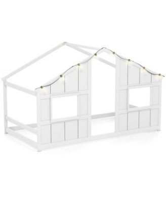 Kids Twin Floor Bed, House-Shaped Design with LED Lighting