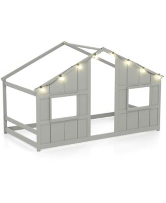Kids Twin Floor Bed, House-Shaped Design with LED Lighting