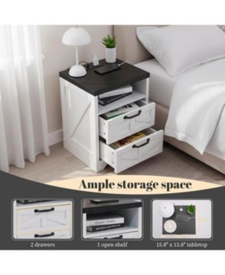 Farmhouse Nightstands Set of 2, Wooden Bedside Table with Charging Station, End Table with 2 Drawers