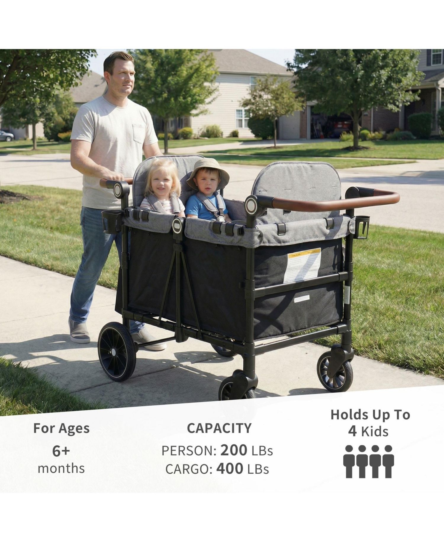 All-Terrain 4-Seat Stroller Wagon with Canopy, Shock-Absorbing Wheels, Snack Tray, Storage Bag & Adjustable Handle