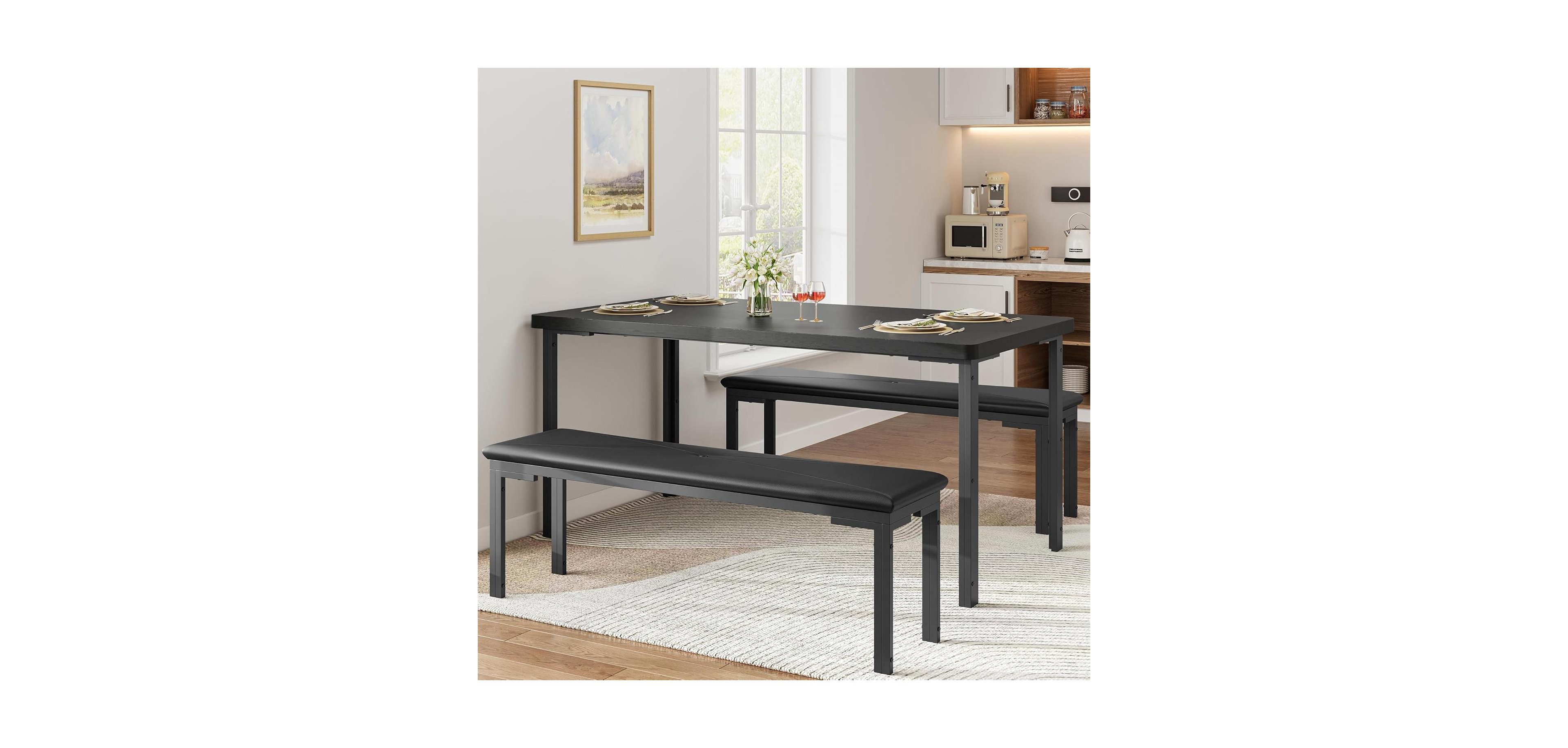 gaomon Dining Table Set for 4, 3Pcs Kitchen with 2 Benches 43.3" Farmhouse Breakfast Metal Frame Small Space