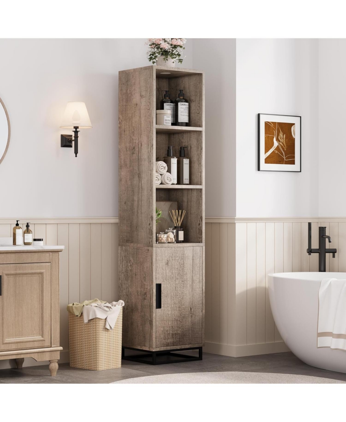 Gaomon 70" Tall Narrow Bathroom Cabinet with Open Storage, Door & Adjustable Shelf, Freestanding for Laundry, Kitchen or Living Room