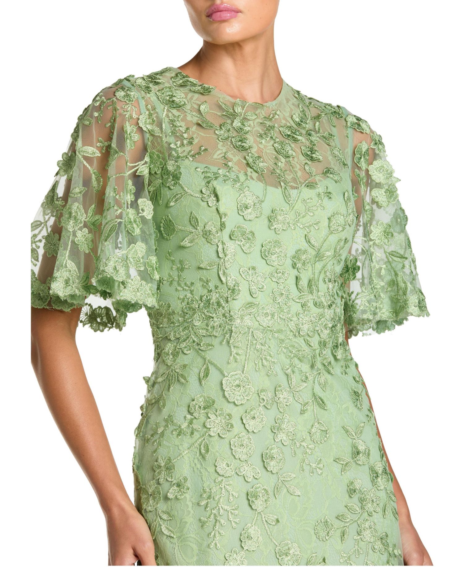 Women's Flutter Sleeve Floral Emboridered Net Gown
