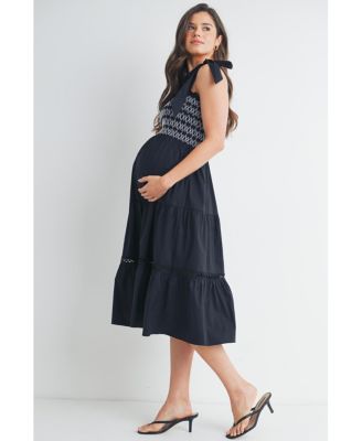 Maternity Smocked Empire Waist Midi Dress with Shoulder Ties
