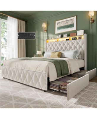 gaomon King Size Upholstered Platform Bed Frame with 4 Storage Drawers, Nailhead Trim Headboard, LED Lights & Charging Station