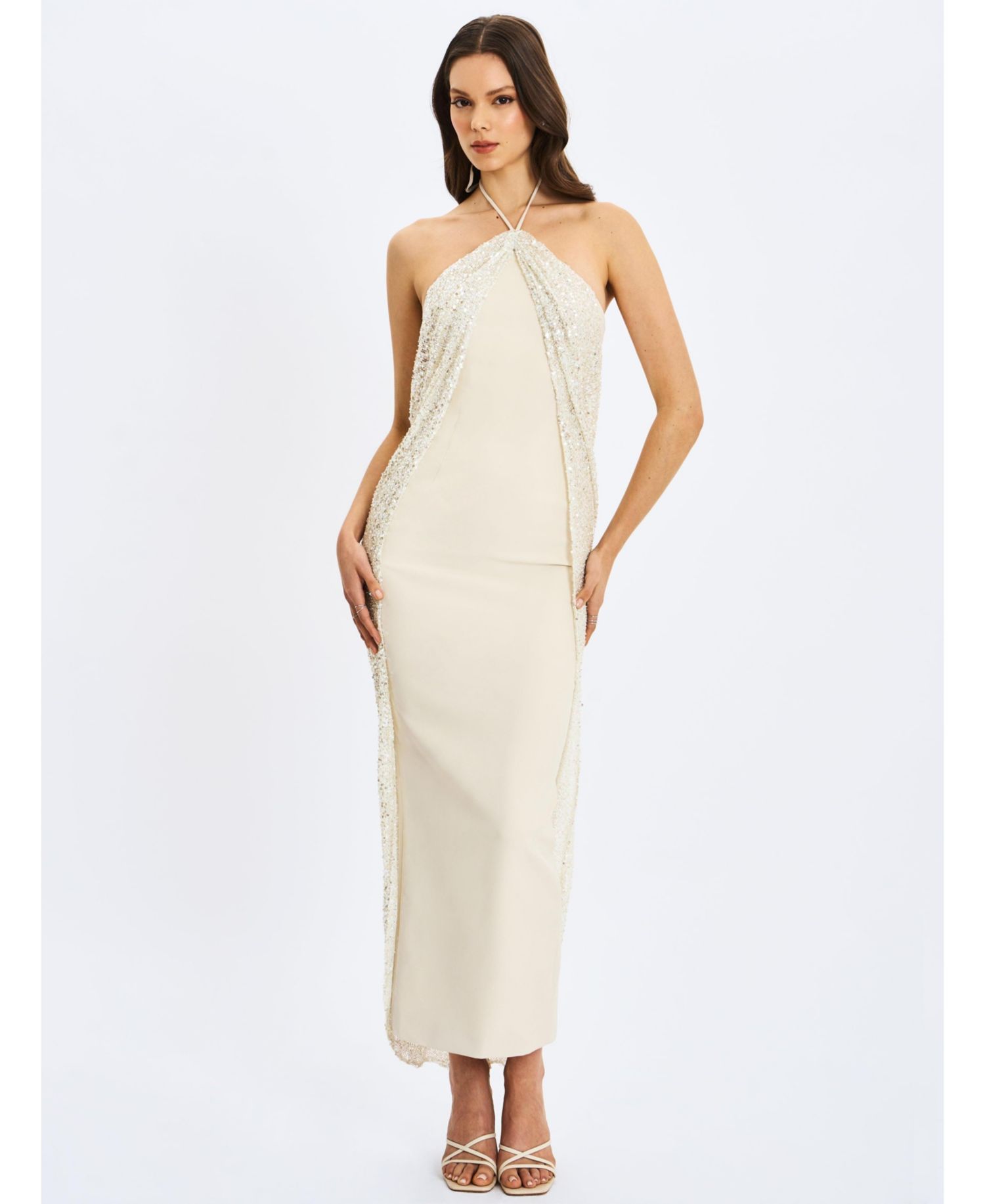 Women's Quimera Almond Beaded Cape Halter Off-Shoulder Maxi Gown