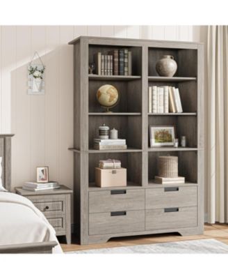 72" Tall Bookshelf with 4 Drawers, Farmhouse 6-Tier Double Wide Bookcase with Storage, Large Freestanding Bookshelf