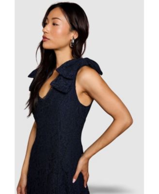 Women's Bow Shoulder V Neck Lace Midi Dress