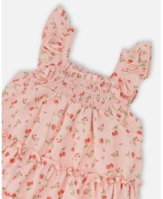 Big Girls Multi-Tiered Dress with Smocking Pink Printed Flowers