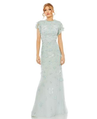 Women's Floral Embellished High Neck Flutter Sleeve Gown