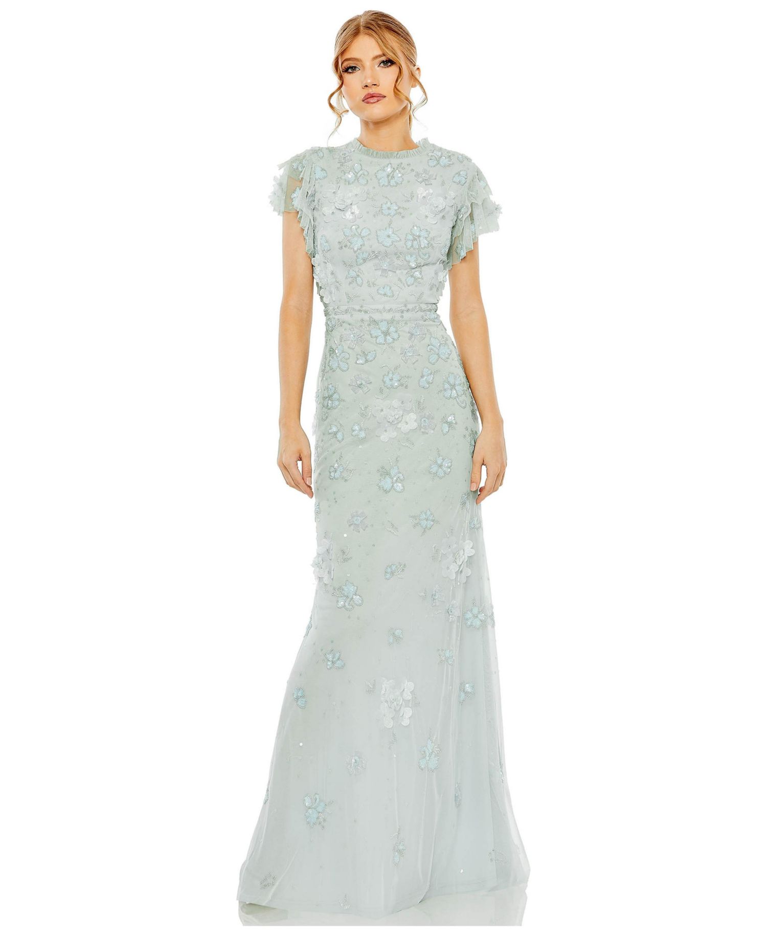 Women's Floral Embellished High Neck Flutter Sleeve Gown