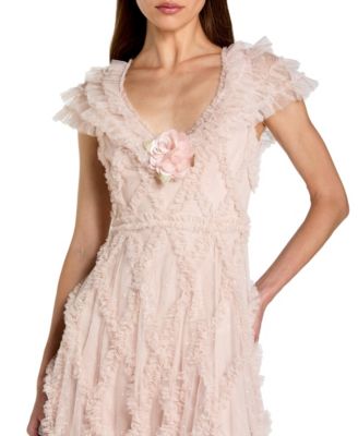 Women's Micro Ruffle Cap Sleeve A-Line Midi Dress