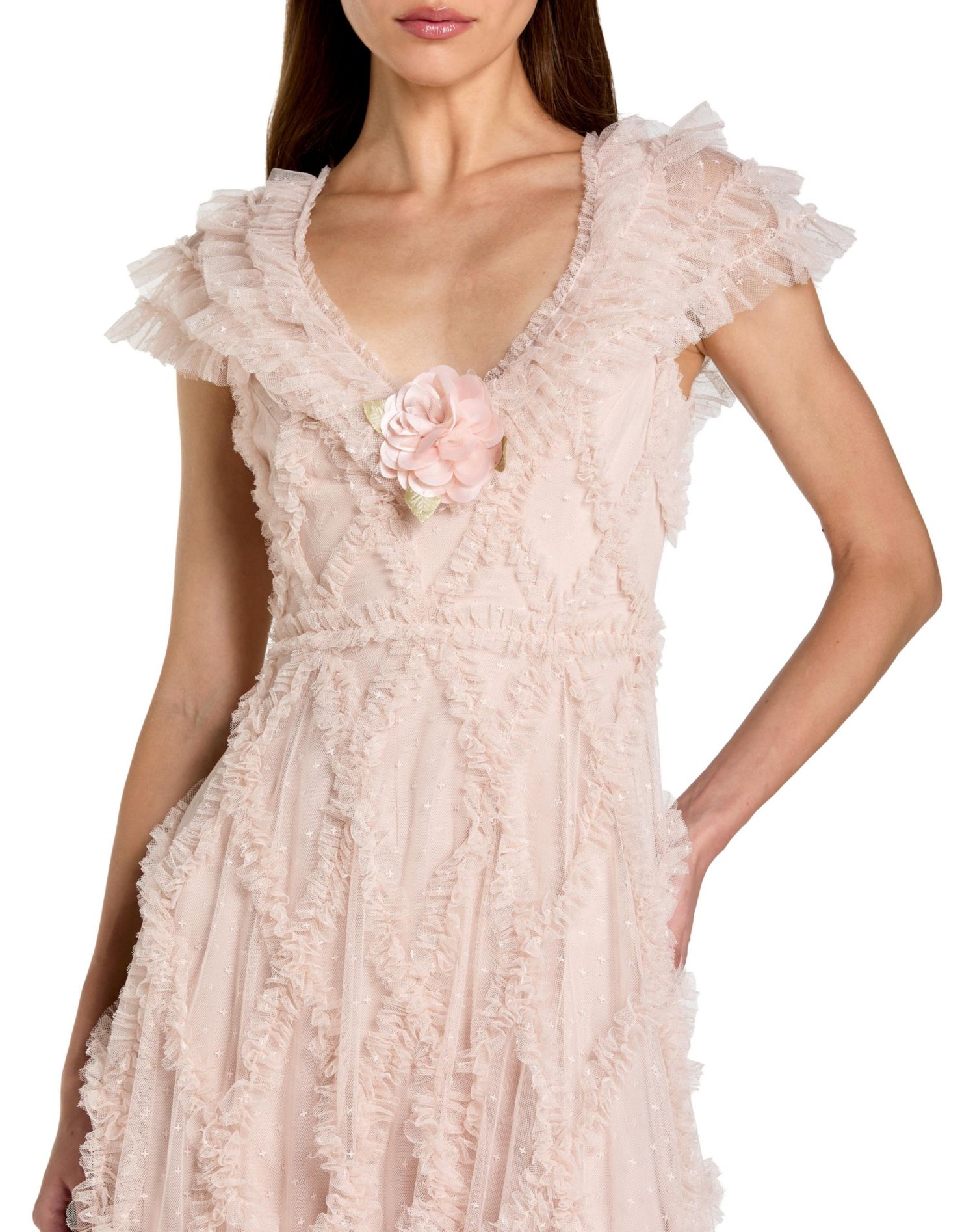 Women's Micro Ruffle Cap Sleeve A-Line Midi Dress