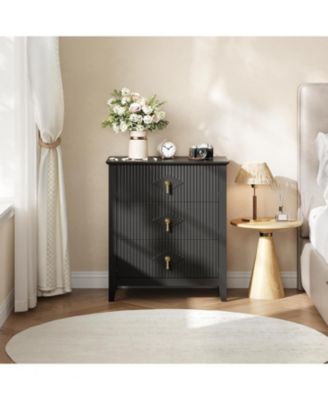 2 Piece Fluted Nightstand Set, 27.5" Wide Bedside Tables with 3 Storage Drawers & Metal Handles for Bedroom