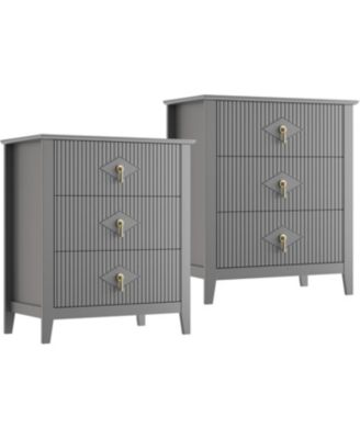 2 Piece Fluted Nightstand Set, 27.5" Wide Bedside Tables with 3 Storage Drawers & Metal Handles for Bedroom