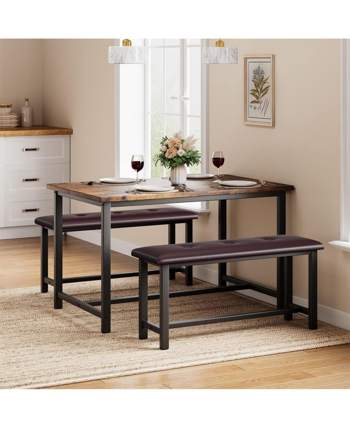 gaomon 3 Piece Dining Table Set Kitchen Table and Benches for 4 Rectangular Dining Room Table Set with 2 Upholstered Benches