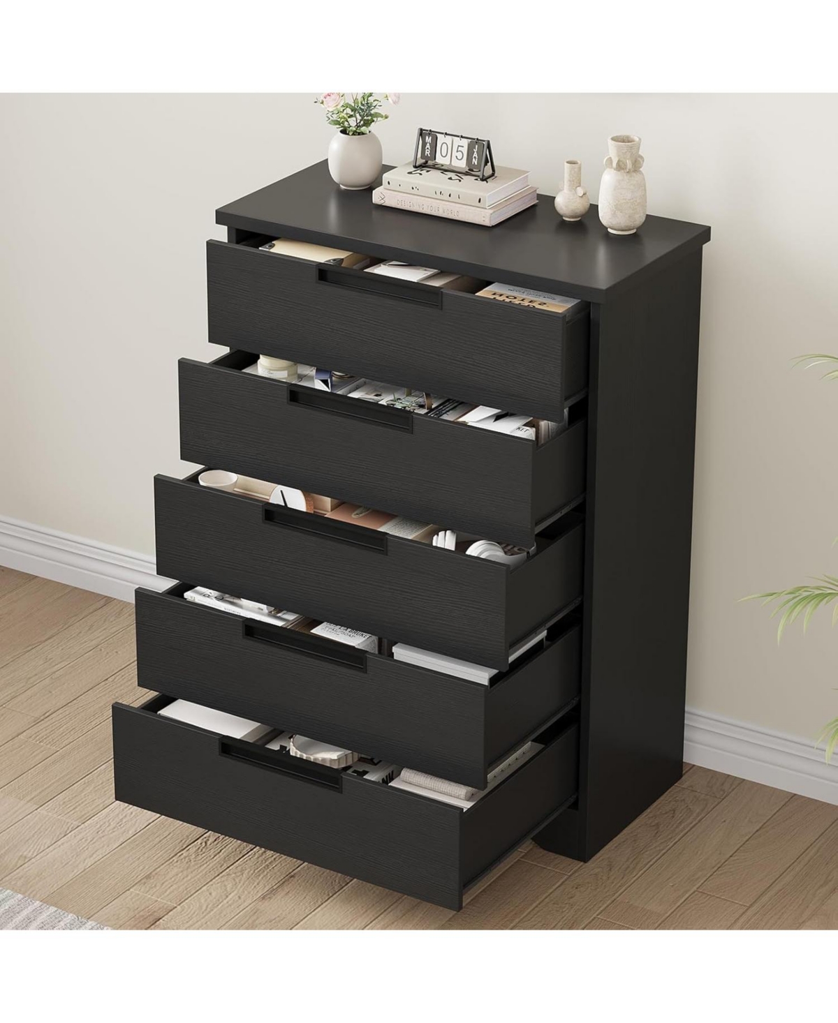 Gaomon 5 Drawer Natural Oak Dresser with Built-in Handles, Sturdy Wooden Storage Organizer for Bedroom Living Room Nursery Entryway,Black