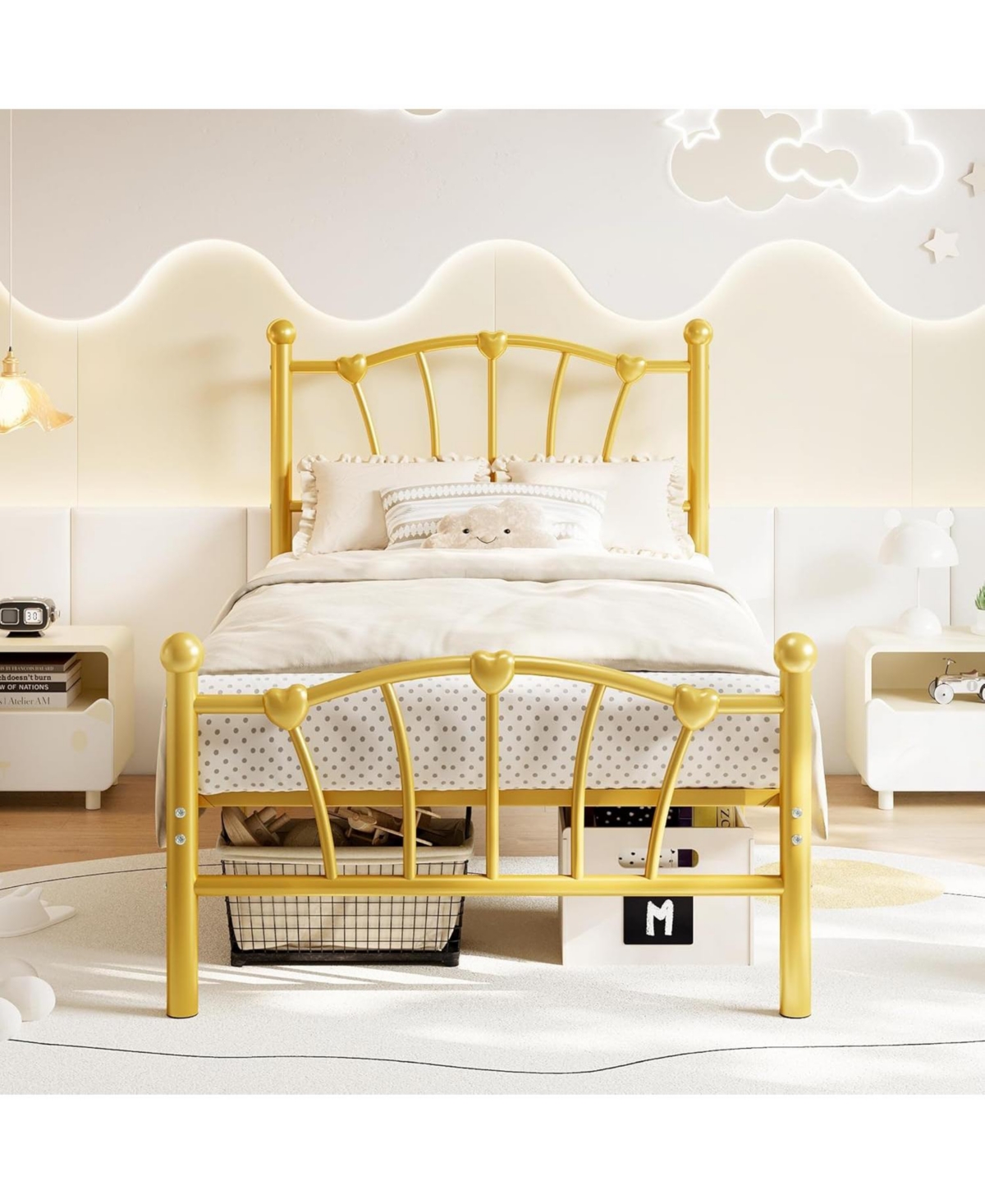 gaomon Twin Metal Bed Frame, Frames for Girls, Platform with Heart-Shaped Design Headboard&Footboard
