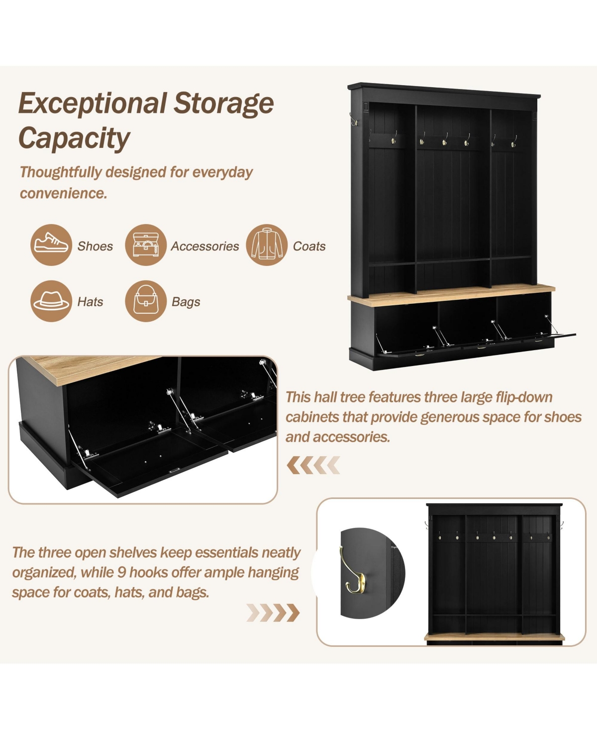 Clihome App Controlled Led Light Hall Tree Storage Bench with Hooks and 3 Large Cabinets for Hallway