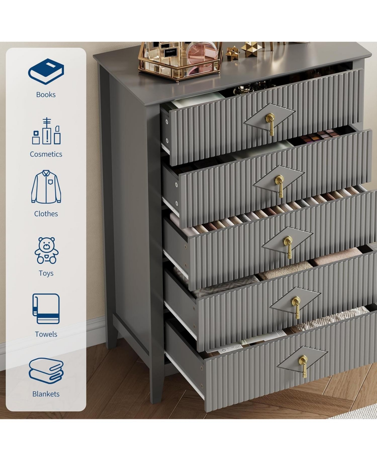 gaomon 47.2" Wide Fluted Dresser - 6-Drawer Chest with Metal Handles, Natural Wood for Bedroom