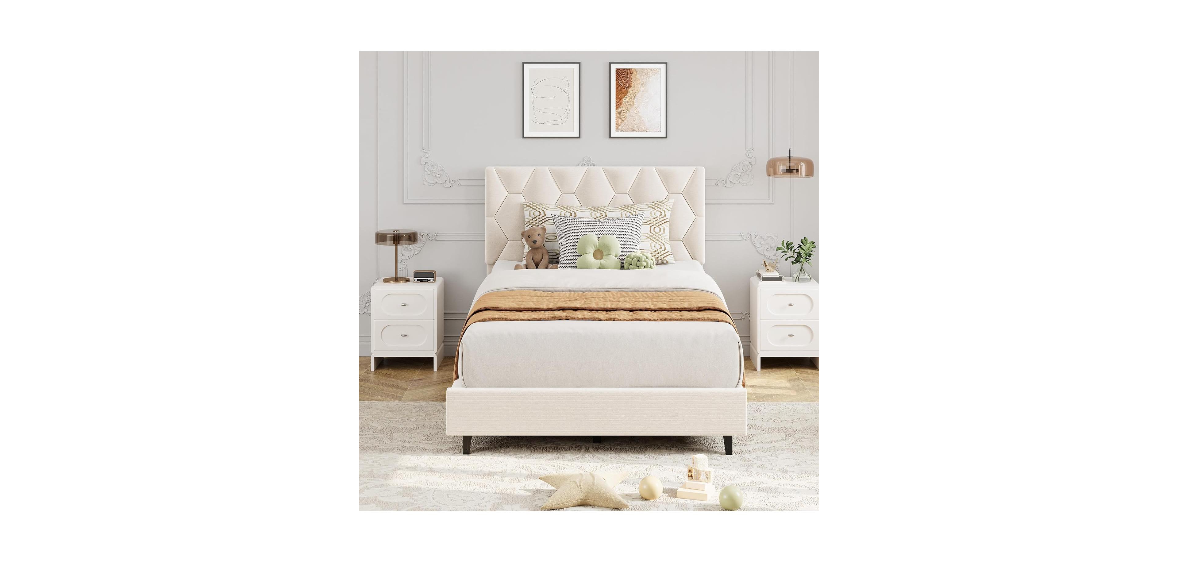 gaomon Bed Frame with Adjustable Headboard, Upholstered Platform Bed with Sturdy Wood Slats Support, No Box Spring Needed