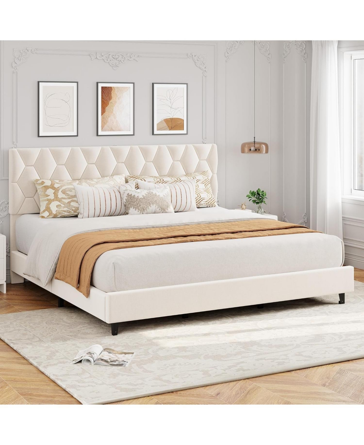 gaomon Bed Frame with Adjustable Headboard, Upholstered Platform Bed with Sturdy Wood Slats Support, No Box Spring Needed