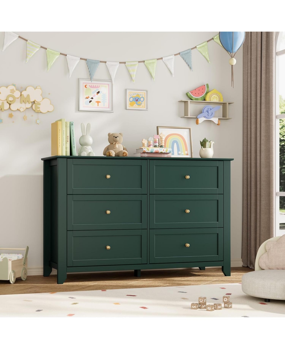 gaomon Green 6 Drawer Dresser for Bedroom, Large Dresser with Deep Drawers & Metal Knobs, Modern Wooden Chests of Drawers for Entryway, Hallway
