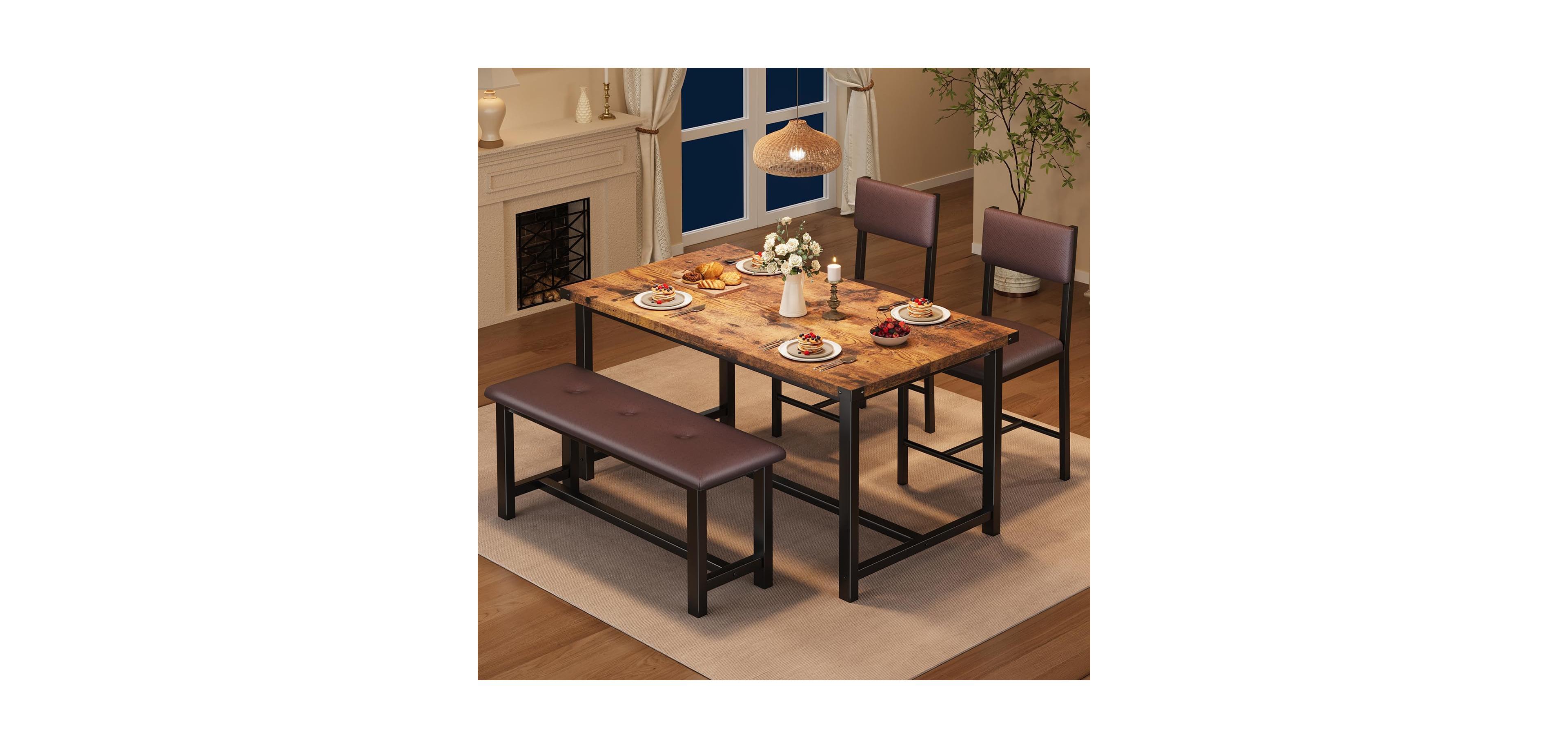 gaomon Dining Table Set for 4, Kitchen with 2 Upholstered Chairs and Bench, Wood Room Set, Small Space