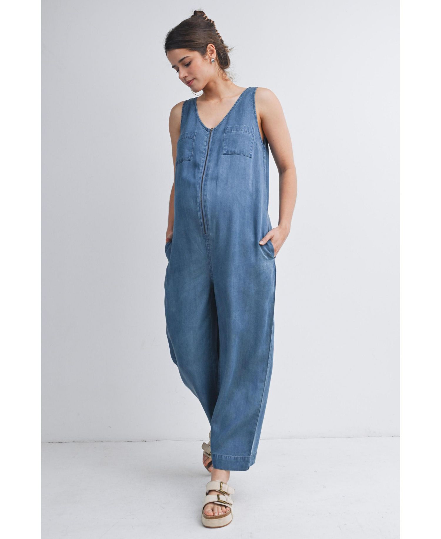Maternity Front Zip Sleeveless Jumpsuit Nursing Friendly
