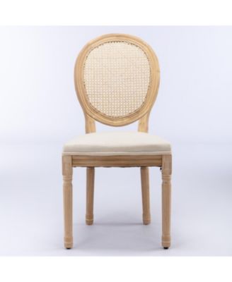 French Style Solid Wood Frame Dining Chair with Linen Fabric and Rattan Back Set of 2