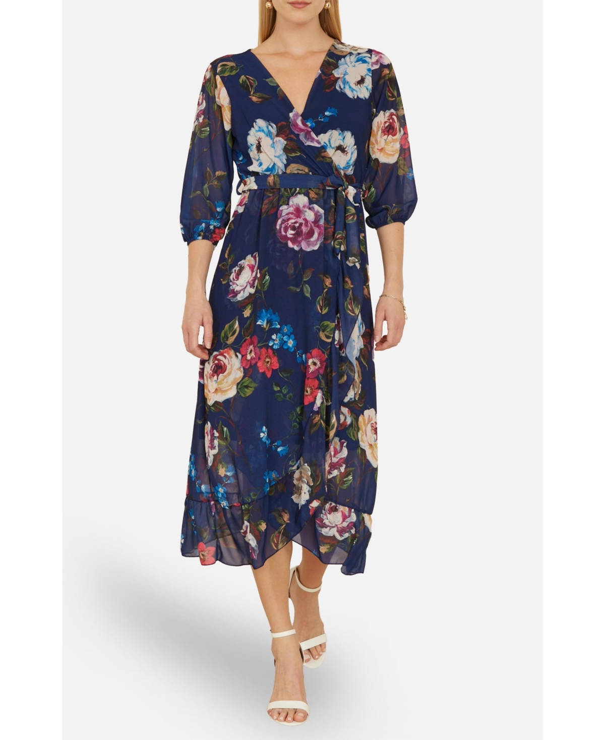 Yumi Women's Watercolour Dip Hem Midi Wrap Dress