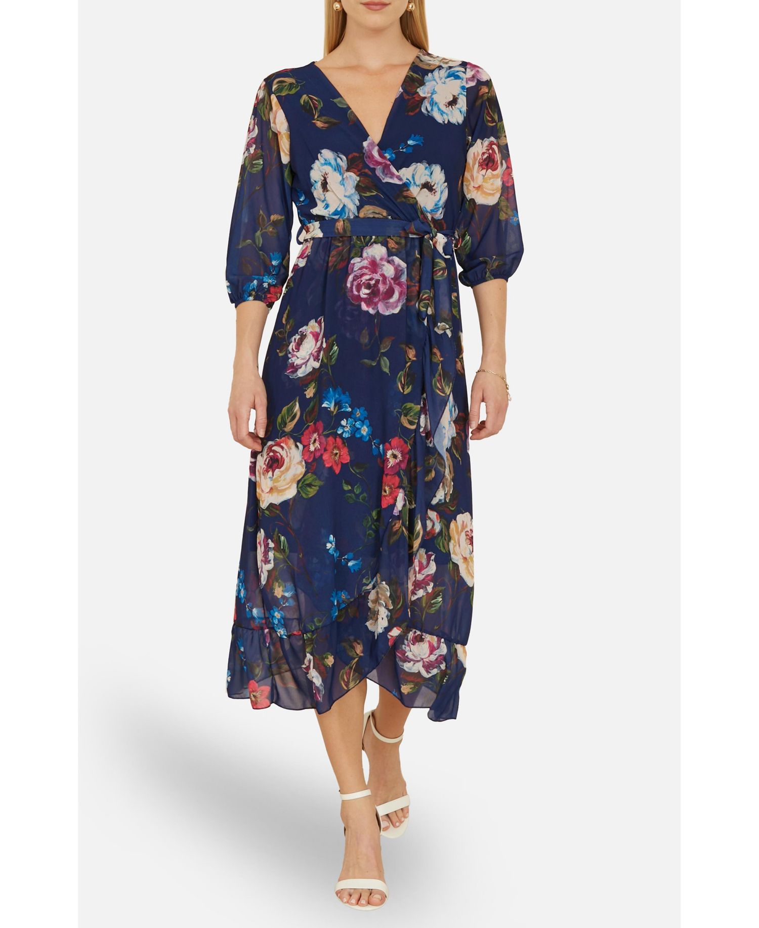 Women's Watercolour Dip Hem Midi Wrap Dress